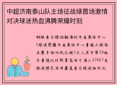 中超济南泰山队主场征战绿茵场激情对决球迷热血沸腾荣耀时刻